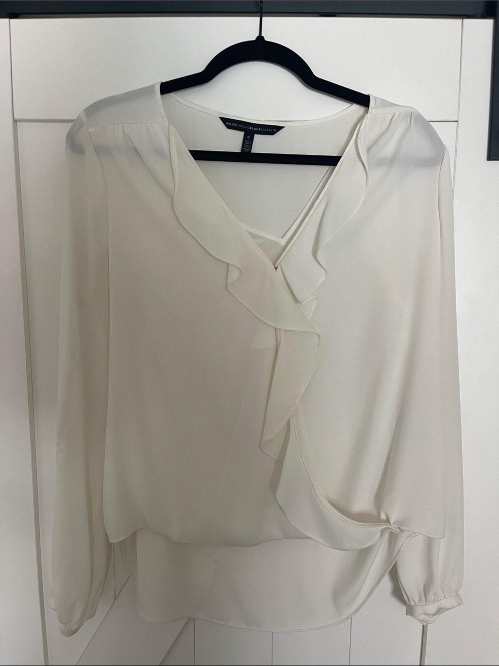 White House, Black market Cream Ruffle V-Neck Blouse with Tie Hem